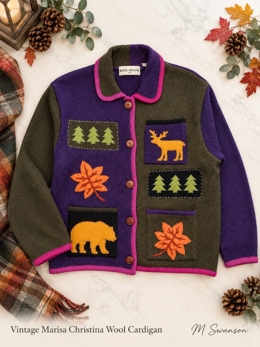 Vintage Marisa Christina 100% Wool Woodland Cardigan Bear Moose Trees M Good mor